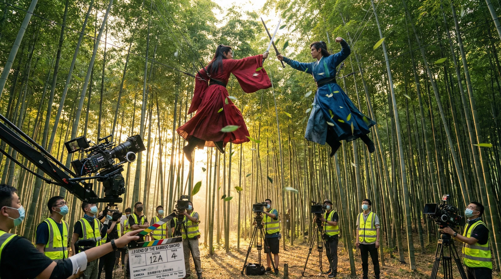 蘑菇视频武侠动作片竹林对决拍摄现场